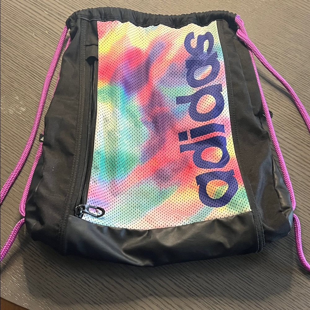 Adidas Tie-Dye Drawstring Bag with Black and Purple Accents